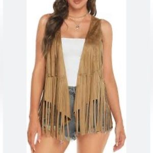 Sleeveless Fringe Vest in Tan